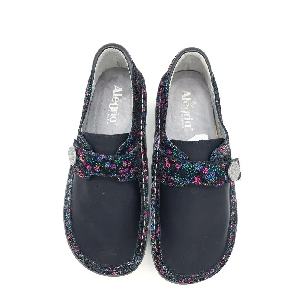 Alegria Dena Sweetums Women 37 US 7-7.5 Dream Fit Black Floral Slip-on Shoes